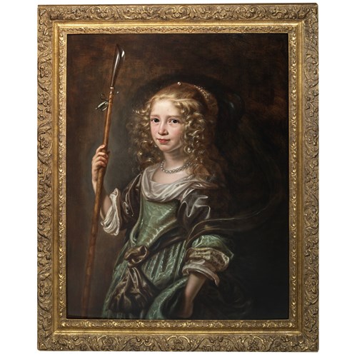 Portrait of a young girl as a shepherdess, half-length, in a green gown, holding a crook.